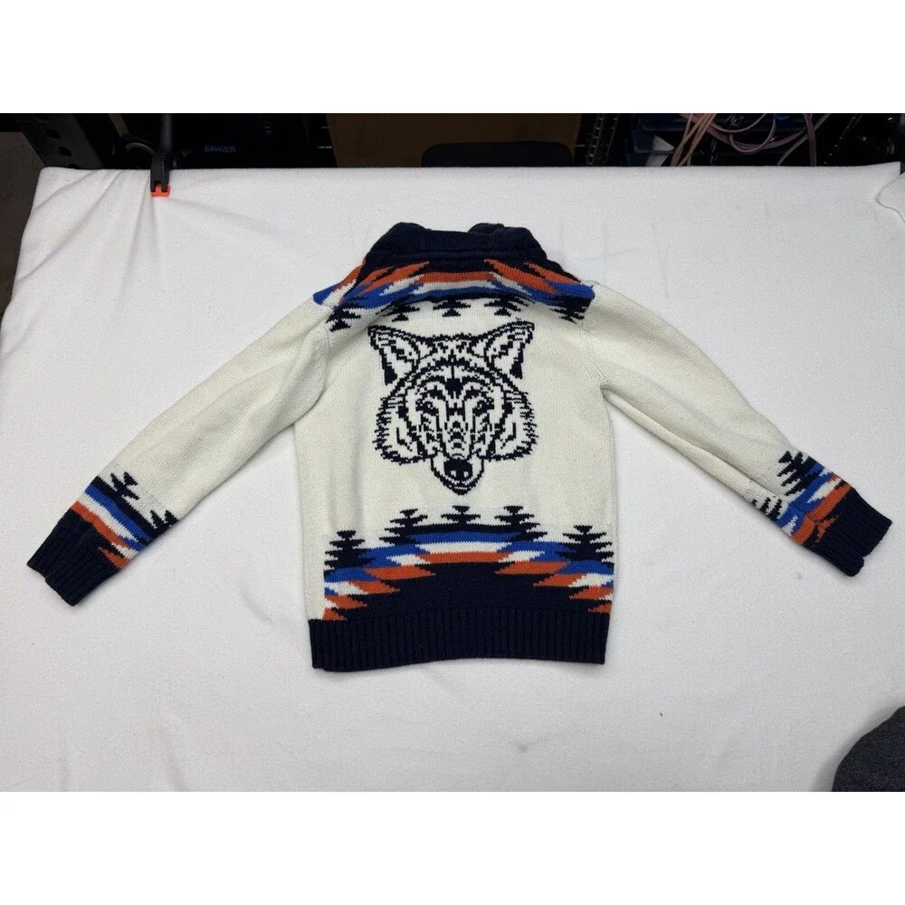 Gymboree Boys Wolf Zip Cardigan Sweater Aztec Southwestern Shawl Collar Sz S 5-6